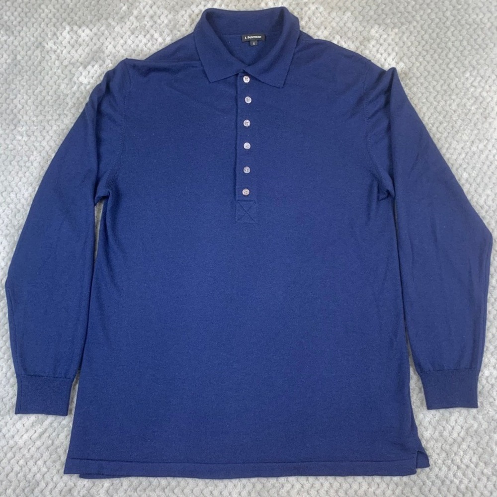 J Peterman Mens Silk Cashmere Polo Sweater Navy Blue Long Sleeve Size Small